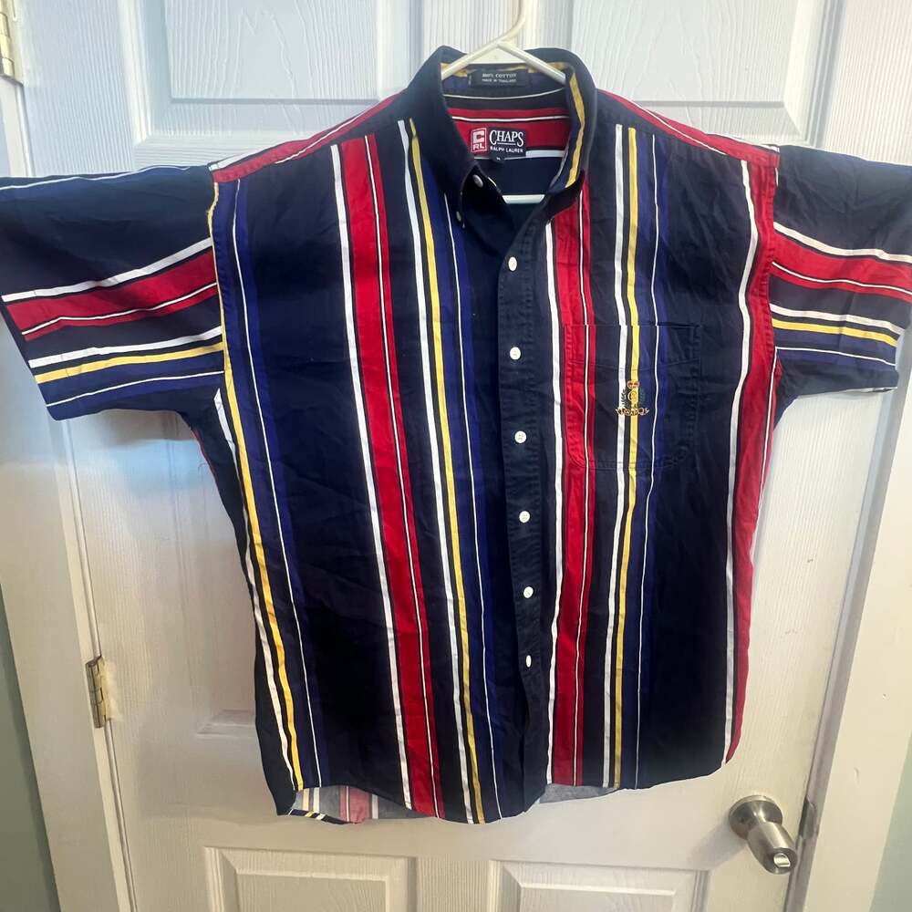 Vintage 90s Chaps Ralph Lauren Multicolor Vertical Striped Short Sleeve Button U